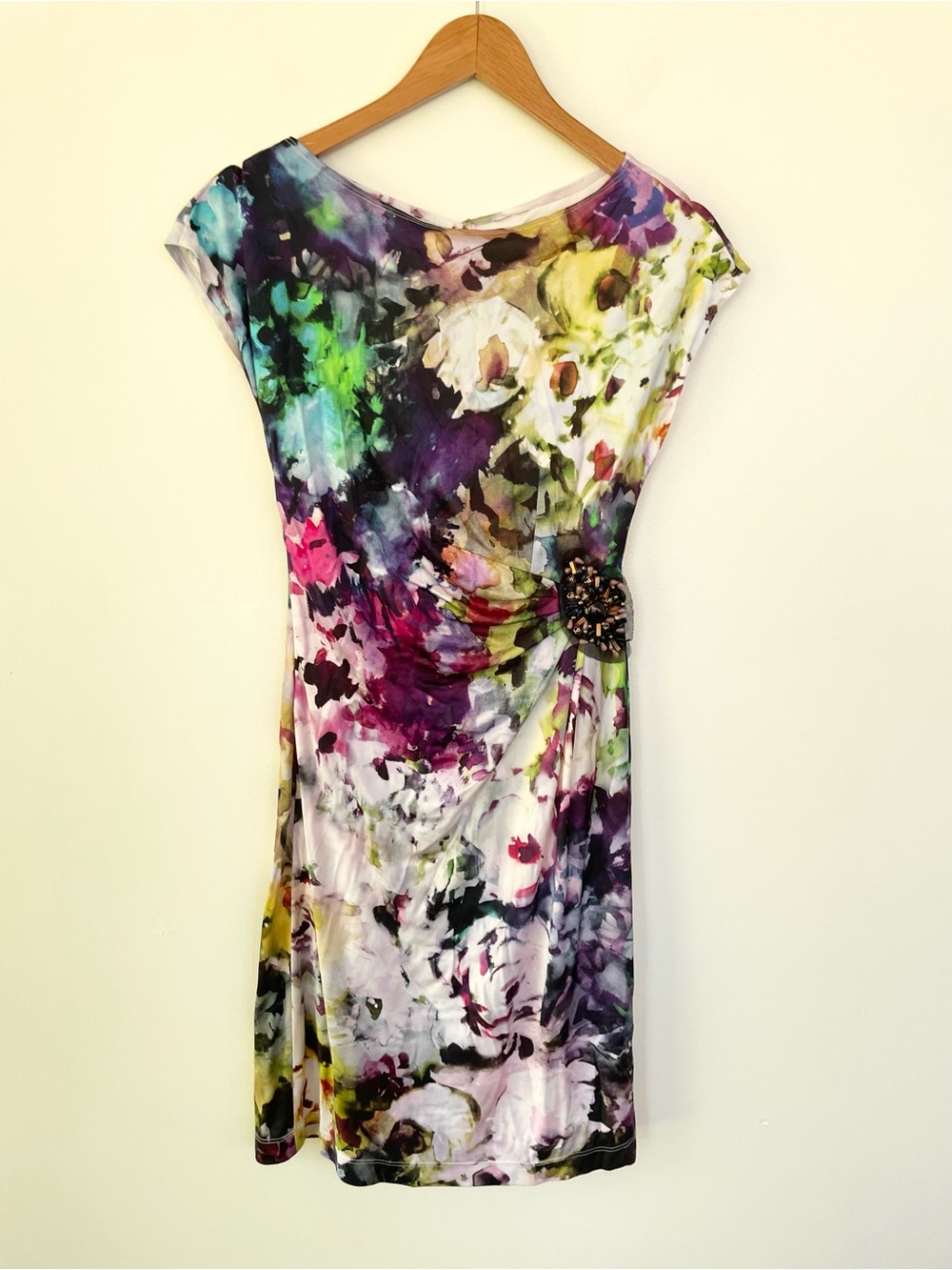 Rickie Freeman for Teri Jon Watercolor Print Side Ruched Beaded Dress size 2